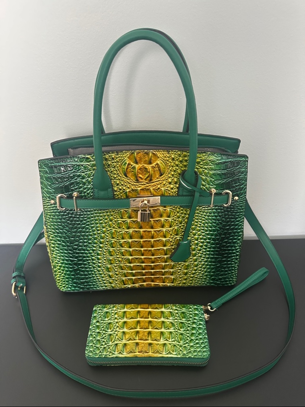 Green & Yellow Croc-Embossed Satchel with Detachable Strap
